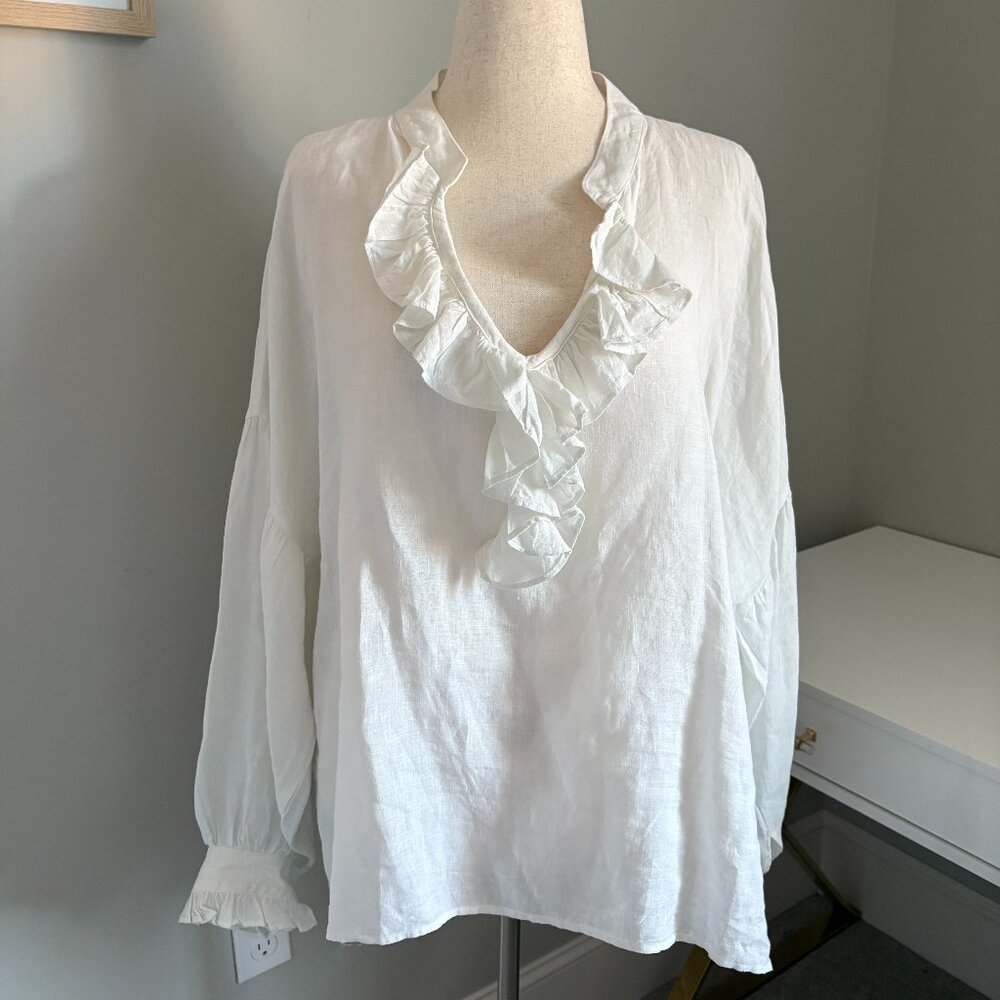 Nordstrom Harshman Cordelia Size 3X 100% Linen Ruffle Neck/Sleeve Popover Blouse